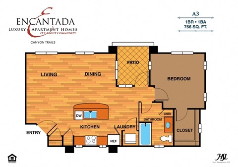 Floor plan for 1 bed, 1 bath, 766 sqft